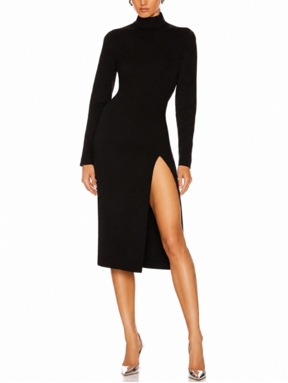 Amina Muaddi X Wolford Black Turtleneck Midi Slit Dress S Bodycon Minimalist